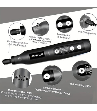 [Black-115pcs] JANGKLIFE USB Kit d\'outils rotatifs sans fil stylo de gravure sur bois bricolage
