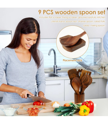 [Wood with Holder A] Ensemble d\'ustensiles en bois, ensemble d\'ustensiles de cuisine, Kit d\'ust