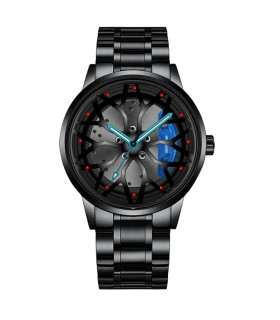 [Black Blue] Montres de roue de voiture en acier inoxydable pour hommes, montre-bracelet à quar