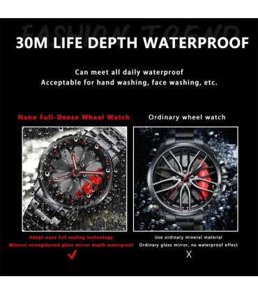 [Black Red] Montres de roue de voiture en acier inoxydable pour hommes, montre-bracelet à quart