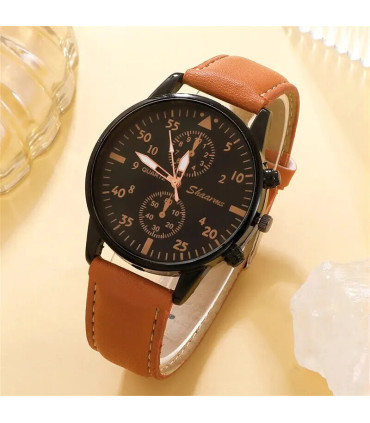 [BROWN] Nouveau Hommes Montre De Luxe Bracelet Ensemble Mode D\'affaires Brun En Cuir Quartz Mon