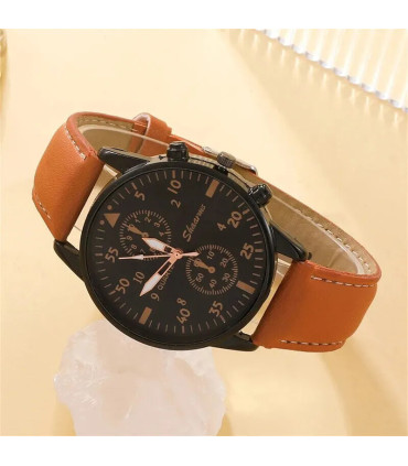 [BROWN] Nouveau Hommes Montre De Luxe Bracelet Ensemble Mode D\'affaires Brun En Cuir Quartz Mon