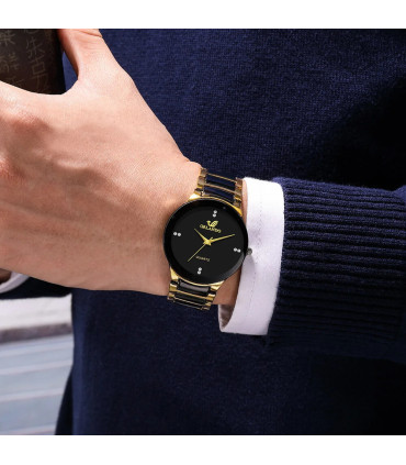 [HS] Montre d\'affaires à quartz en acier pour hommes, cadran noir, offre spéciale