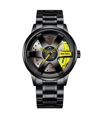 [Yellow] Mode hommes voiture roue montres de luxe en acier inoxydable montre étanche pour homme