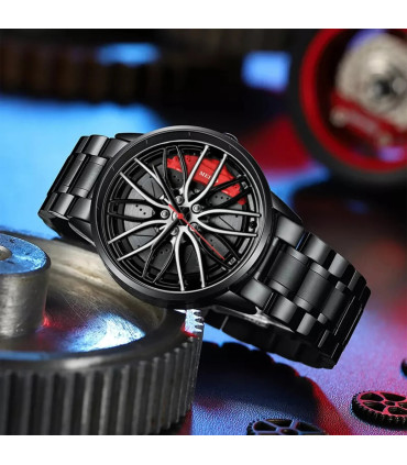 [Black C] Montres de voiture pour hommes, montre-bracelet à Quartz étanche en acier inoxydable,