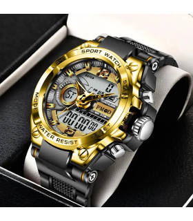 [Black gold] Montre-bracelet militaire numérique en acier pour hommes, horloge à Quartz LED, mo