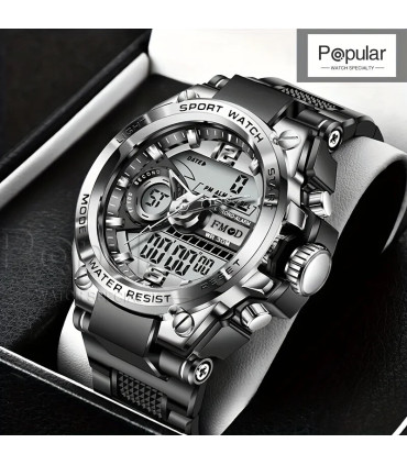 [Silver black] Montre-bracelet militaire numérique en acier pour hommes, horloge à Quartz LED, 