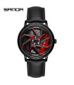 [Leather Black Red] SANDA-Waterproof stainless steel sports watch for men, car rim