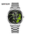 [Steel Silver Green] SANDA-Waterproof stainless steel sports watch for men, car rim