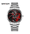 [Steel Silver Red] SANDA-Waterproof stainless steel sports watch for men, car rim