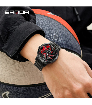 [Steel Silver Red] SANDA-Montre de sport étanche en acier inoxydable pour homme, jante de voitu
