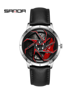 [Leather Silver Red] SANDA-Montre de sport étanche en acier inoxydable pour homme, jante de voi