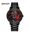 [Steel Black Red] SANDA-Waterproof stainless steel sports watch for men, car rim