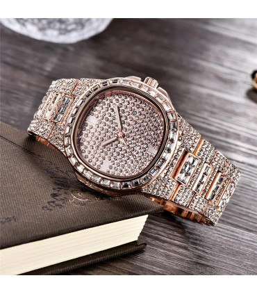[Rose Oui] Montre de luxe vintage pour homme, bracelet en alliage, diamant, doré, date, quartz,
