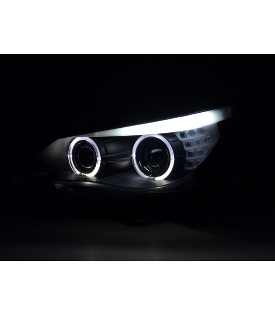 Phares - Phares Xenon Angel Eyes LED BMW Série 5 E60 / E61 03-04 noir pour