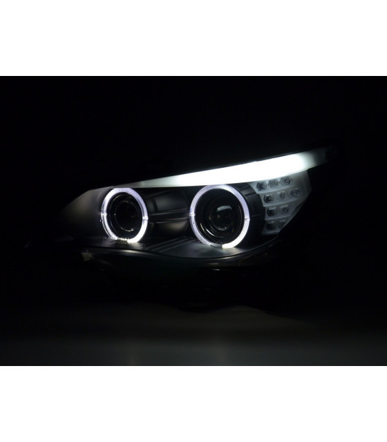 Phares - Phares Xenon Angel Eyes LED BMW 5er E60 / E61 05-08 noir pour conduite