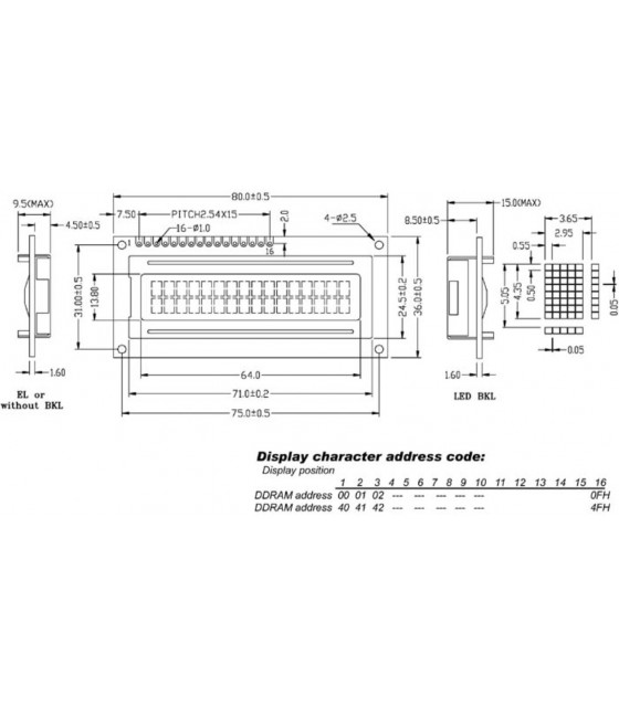 Afficheurs - LCD 16 x 2 BOTTOM VIEW TYPE REFLECTIF…