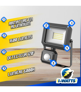 Eclairage - Spot led 20W avec détecteur - I-Watts