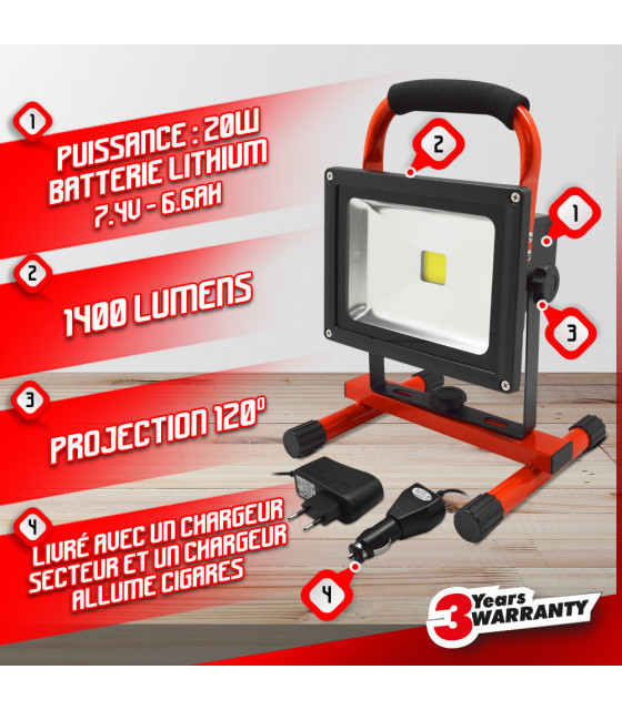 Eclairage - Projecteur led rechargeable de chantier 20W - I-WATTS